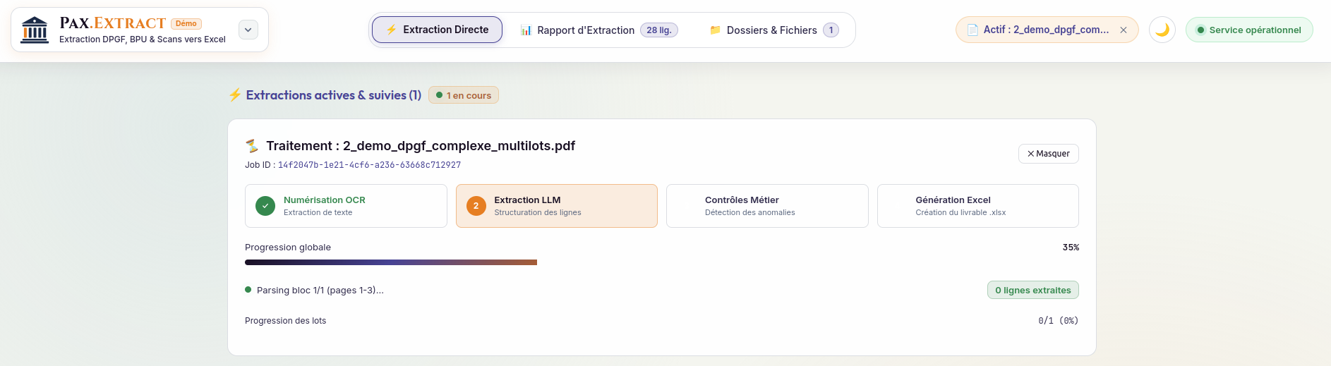 Interface de traitement Pax.Extract et progression OCR + LLM